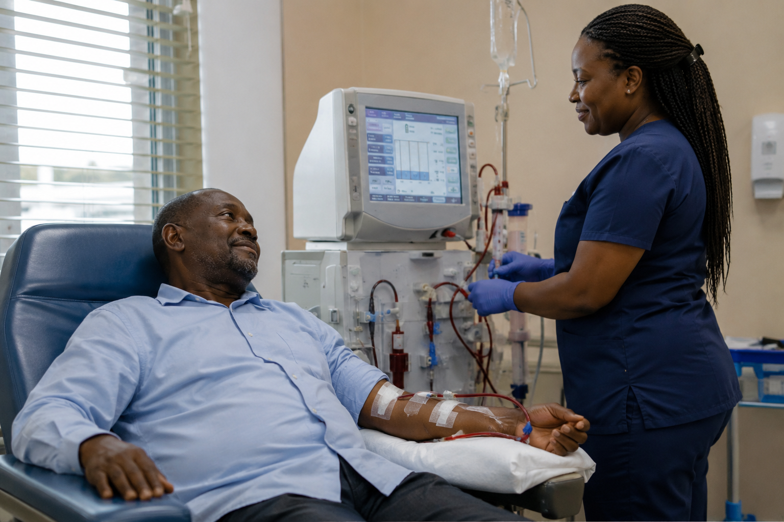 A dialysis nurse speaking with an older patient in a calm home setting